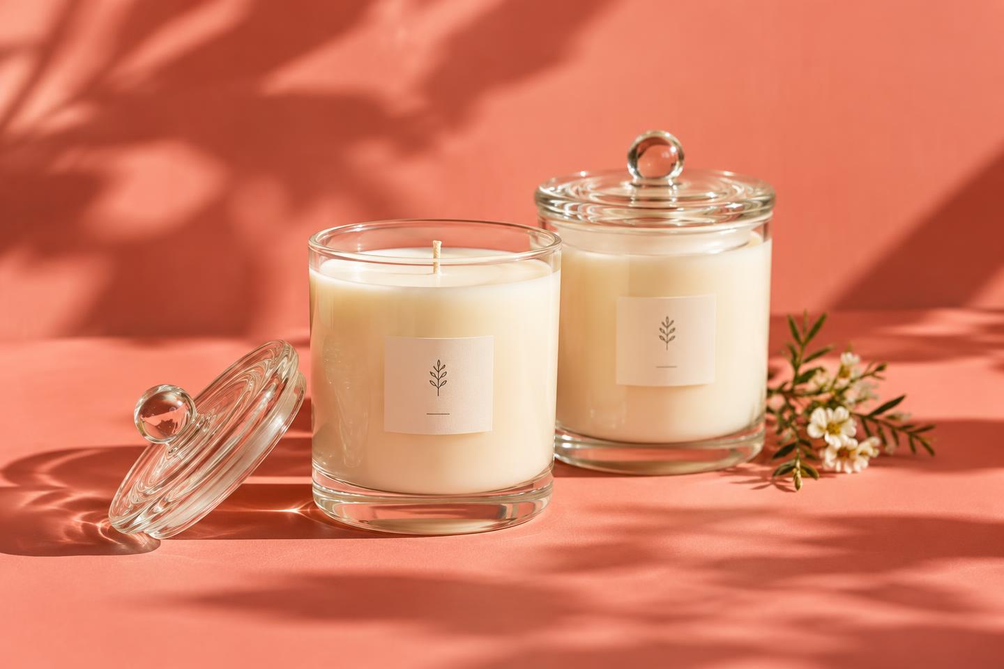 Glass candles against a warm coral background